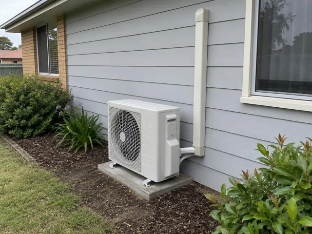 Outdoor air conditioner unit on a concrete pad beside a weatherboard house in Elizabeth Grove